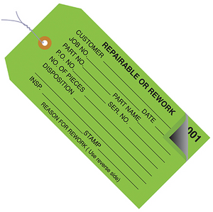 4 3/4 x 2 3/8" - "Repairable or Rework" Inspection Tags 2 Part - Numbered 000 - 499 - Pre-Wired 500 PER CASE