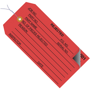4 3/4 x 2 3/8" - "Rejected" Inspection Tags 2 Part - Numbered 000 - 499 - Pre-Wired 500 PER CASE